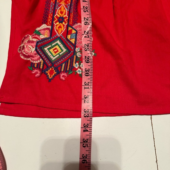 Calessa Red/Multicolored Embroidered Floral Cotton/Linen Boho V-Neck Top NWT S - Picture 2 of 16